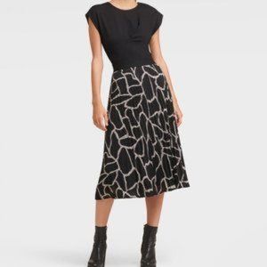 DKNY Size L Black Cream Abstract Giraffe Accordion Pleated Pull On Midi Skirt